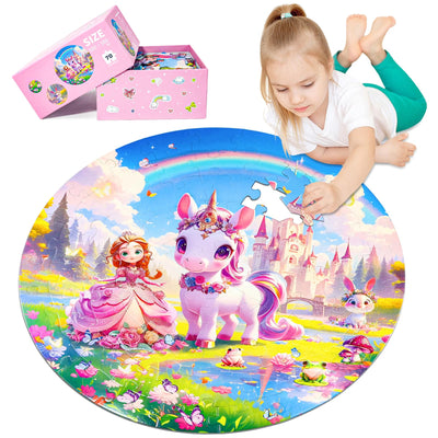 DIGOBAY Floor Puzzles for Kids Ages 4-6, 70 Pieces Large Round Unicorn Princess Floor Puzzle Unicorn Jigsaw Puzzle Toy for 3 4 5 6 Toddler Girls - Educational Christmas, Birthday Gift