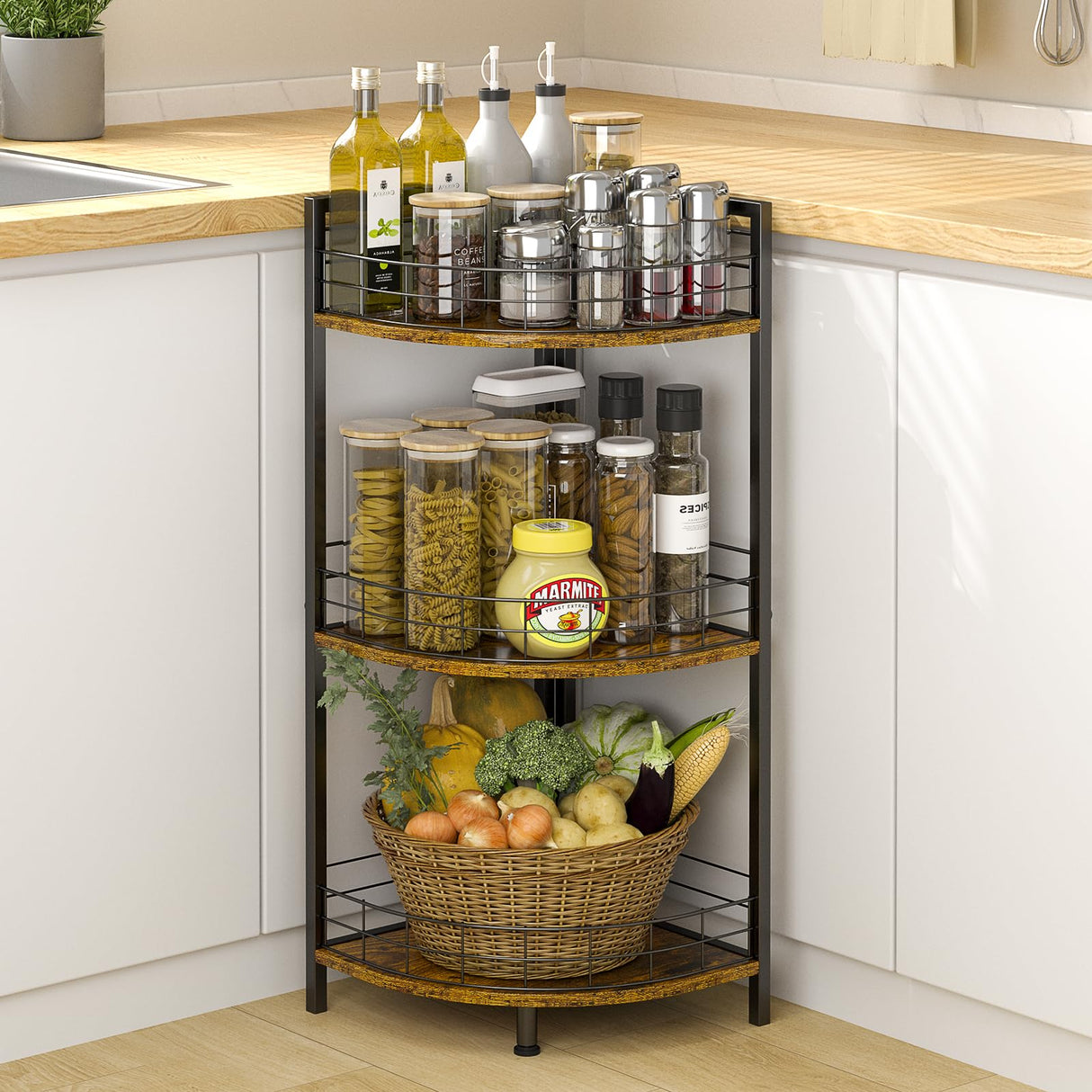 DAOUTIME Bathroom Standing Shelf, 3 Tier Open Floor Shelves, Free-Standing Shelf Units, Triangular Curved Corner Shelf Stand for Small Space, Ideal for Bathroom,Kitchen,Vanity Storage and Organizer DAOUTIME