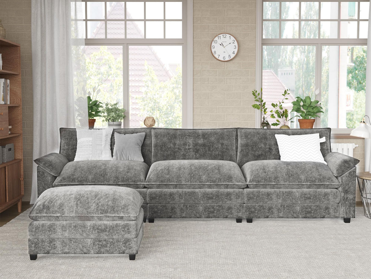 Furmax Modern Convertible Sofa L Shaped Couch, Fabric 4 Seat Sofa Set with Ottoman, Modular Sectional Sofa Couch, Sectional Couches for Living Room, Apartment (Light Grey) Furmax