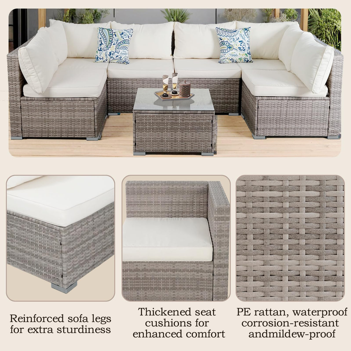 7 Piece Outdoor Patio Sectional Sofa Set, All-Weather Wicker Patio Furniture Set, with able Cushions & Tempered Glass Table for Backyard, Poolside, Garden Patio Conversation Sets Generic