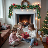 9FT Christmas Garland with Lights, Pre-Lit Garlands for Christmas Decoration with 60 LED Lights, Berries, Bows, Ball, Flower, Leaves, Battery Operated Indoor & Outdoor Christmas Decor PROSWIFT