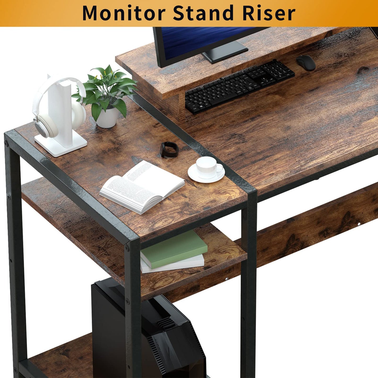 MINOSYS Gaming/Computer Desk - 47” Home Office Small Desk with Monitor Stand, Rustic Writing Desk for 2 Monitors, Adjustable Storage Space, Modern Design Corner Table.