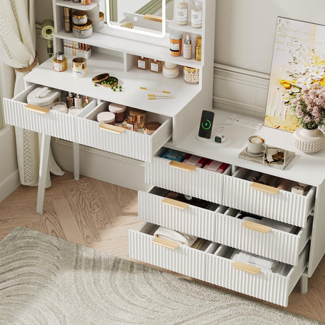 Maupvit Vanity Desk with Mirror and Lights, Makeup Vanity with 8 Drawers & Shelves, Corner Vanity, L Shape Change & Storage, Dressing Table for Bedroom (White) Maupvit