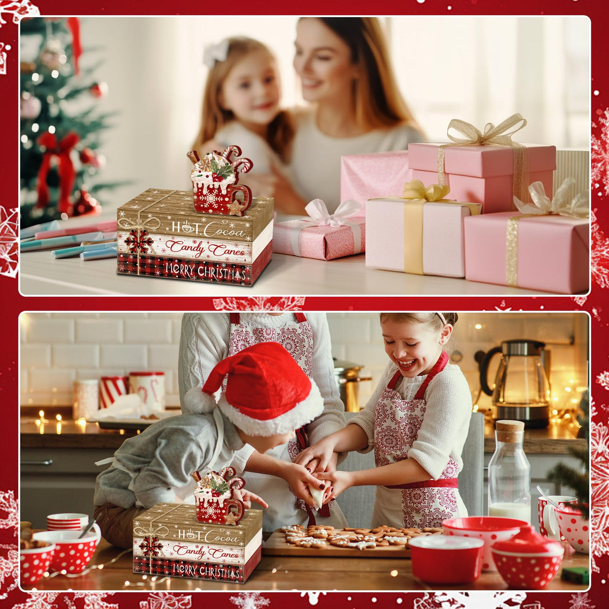 Culudea 4Pcs Christmas Hot Cocoa Table Decoration Farmhouse Holiday Tiered Tray Decor Rustic Merry Christmas Wooden Faux Book Stack Sign Winter Table Centerpiece for Home Office Shelf Mantel Decor Culudea