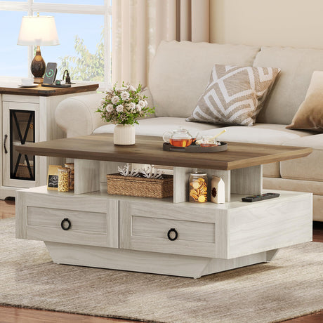 YITAHOME Farmhouse LED Coffee Table with Storage 4 Drawers, Wood Coffee Tables for Living Room, 2 Tiers Open Display Area with Metal Chic Handles, Industrial Cocktail Center Table, Brown and Oak YITAHOME