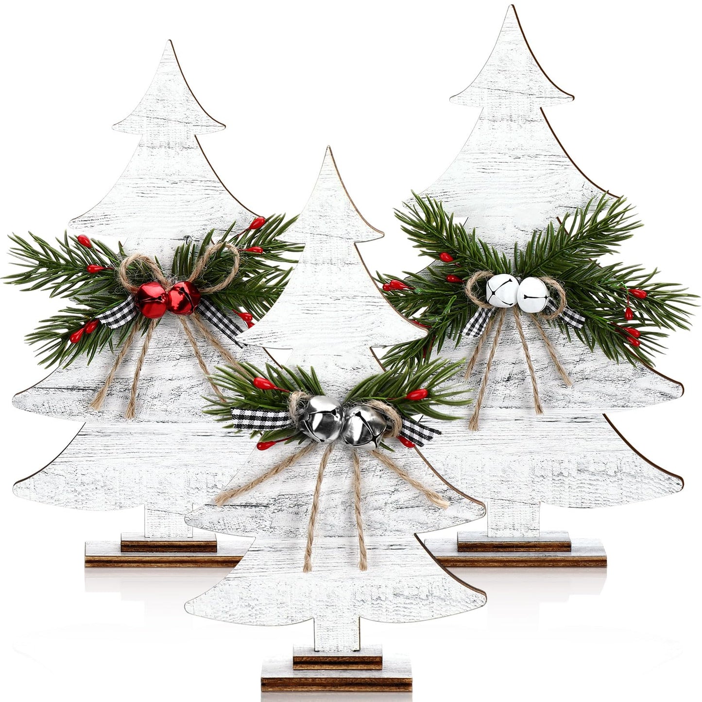 Huwena 3 Pcs Christmas Wooden Table Sign Tabletop Christmas Tree Shaped Decorations Handmade Rustic Decorative Trees with Pine Needle Berry Rope Bow Neutral Christmas Decor for Xmas Home Office Mantel