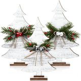 Huwena 3 Pcs Christmas Wooden Table Sign Tabletop Christmas Tree Shaped Decorations Handmade Rustic Decorative Trees with Pine Needle Berry Rope Bow Neutral Christmas Decor for Xmas Home Office Mantel Huwena
