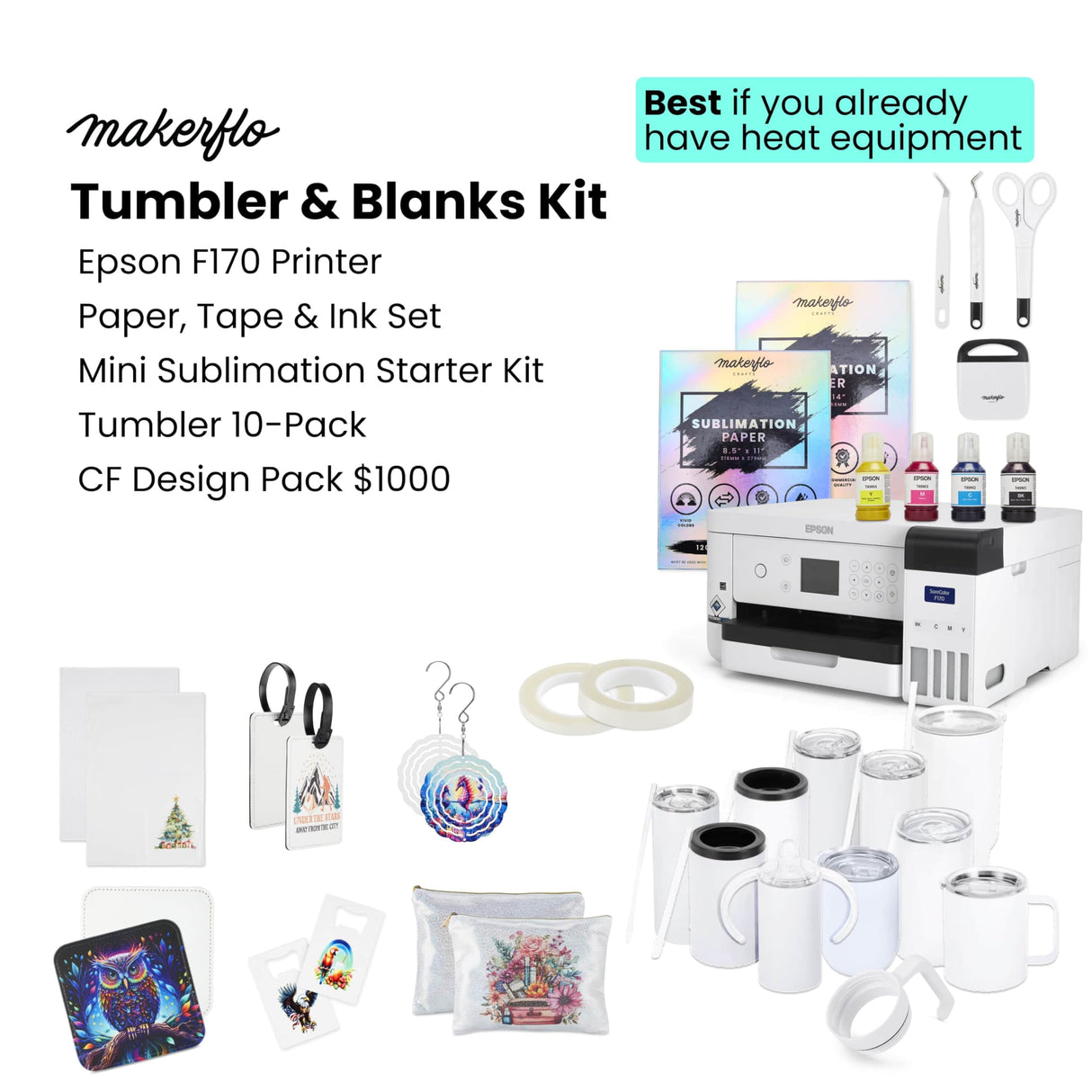 Epson Surecolor F170 Sublimation Starter Kit – Printer with CMYK Ink Set, Design Pack, 10 Sublimation Tumbler Pack, Sublimation Paper, Tape – Perfect for Beginners & Small Business makerflo