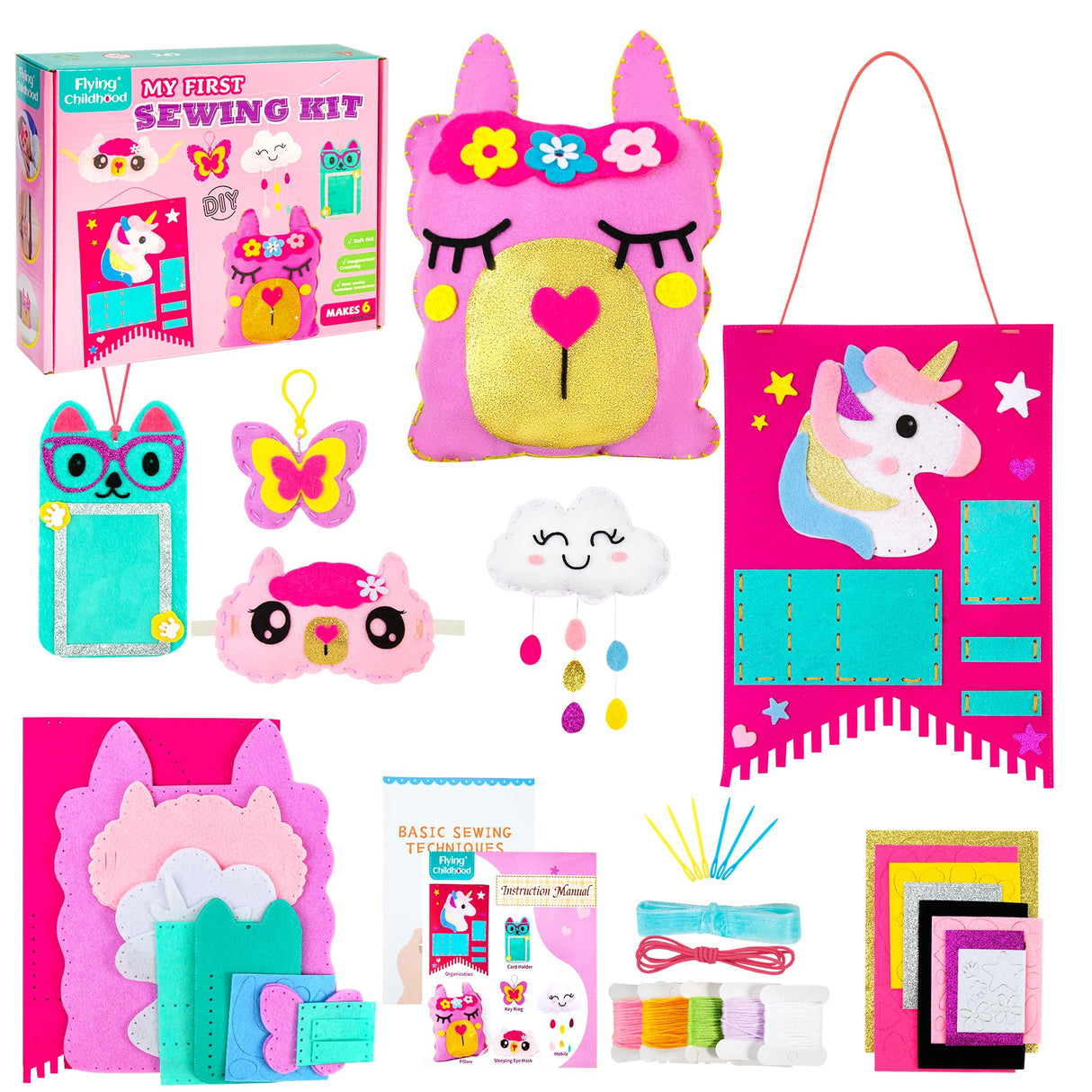 Flying Childhood Soft Felt Sewing Kit for Kids Arts & Crafts, 6 Easy DIY Stuffed Animal Dolls and Plush Pillow, Instructions, Gifts for Girls 6-12, Embroidery Kit for Learn Sew Flying Childhood