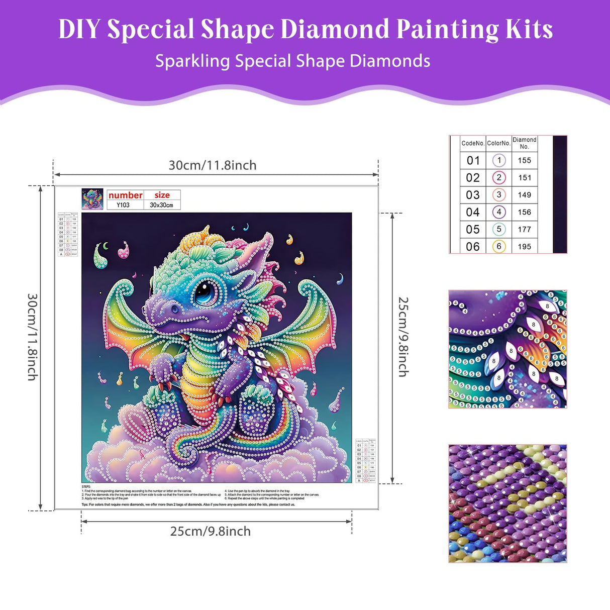 HEIBAGO 5D Special Shape Diamond Art Kits for Beginners, Dinosaurs Diamond Painting Kits for Adults, Dragons Crystal Rhinestones Diamond Painting for Home Wall Decoration Gift 12x12inch HEIBAGO