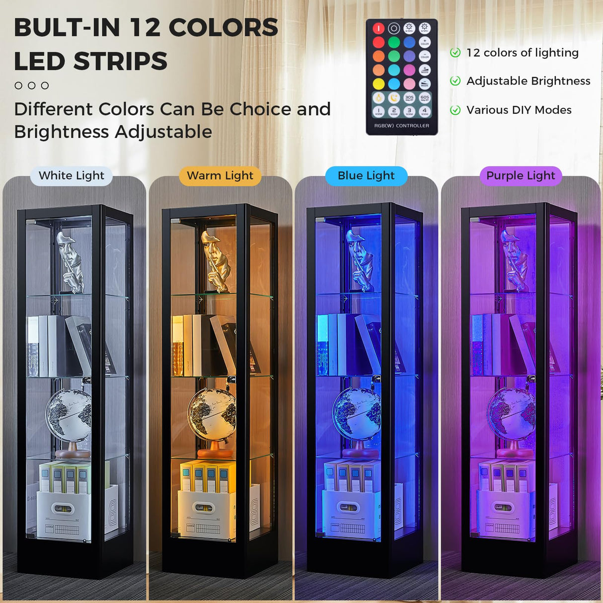 BECHAEO Glass Display Cabinet with LED Light and Lock, 63" Curio Storage Cabinet, 4-Tier Tempered Glass Adjustable Shelves, Metal Display Case for Living Room Playroom Office (Black) BECHAEO