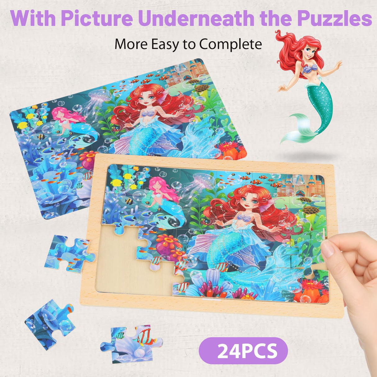 Wooden Puzzles for Kids Ages 4-6, 24 Piece Unicorn Mermaid Princess Jigsaw Puzzles 4 Packs, Preschool Toddlers Learning Activity Puzzles Toys for Girls 3 4 5 6 Years Old OSBOO