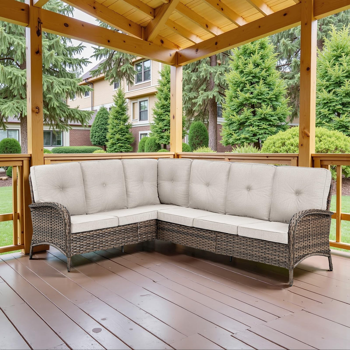 Belord 6-Seater Outdoor Sectional Sofa L Shaped Couch Patio Conversation Furniture Set, PE Wicker Patio Sectional Sofa with Removable Beige Cushion for Deck Sunroom Backyard Belord