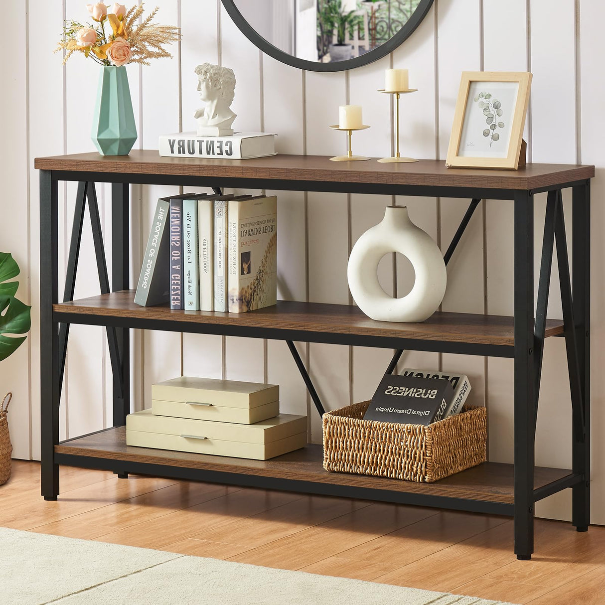HOMISSUE Entryway Console Table, Rustic Console Tables with Wide Storage, Industrial Foyer Tables for Entryway with 3-Tier Open Shelves, Entryway Table for Living Room, Hallway, Brown, 47 Inch HOMISSUE