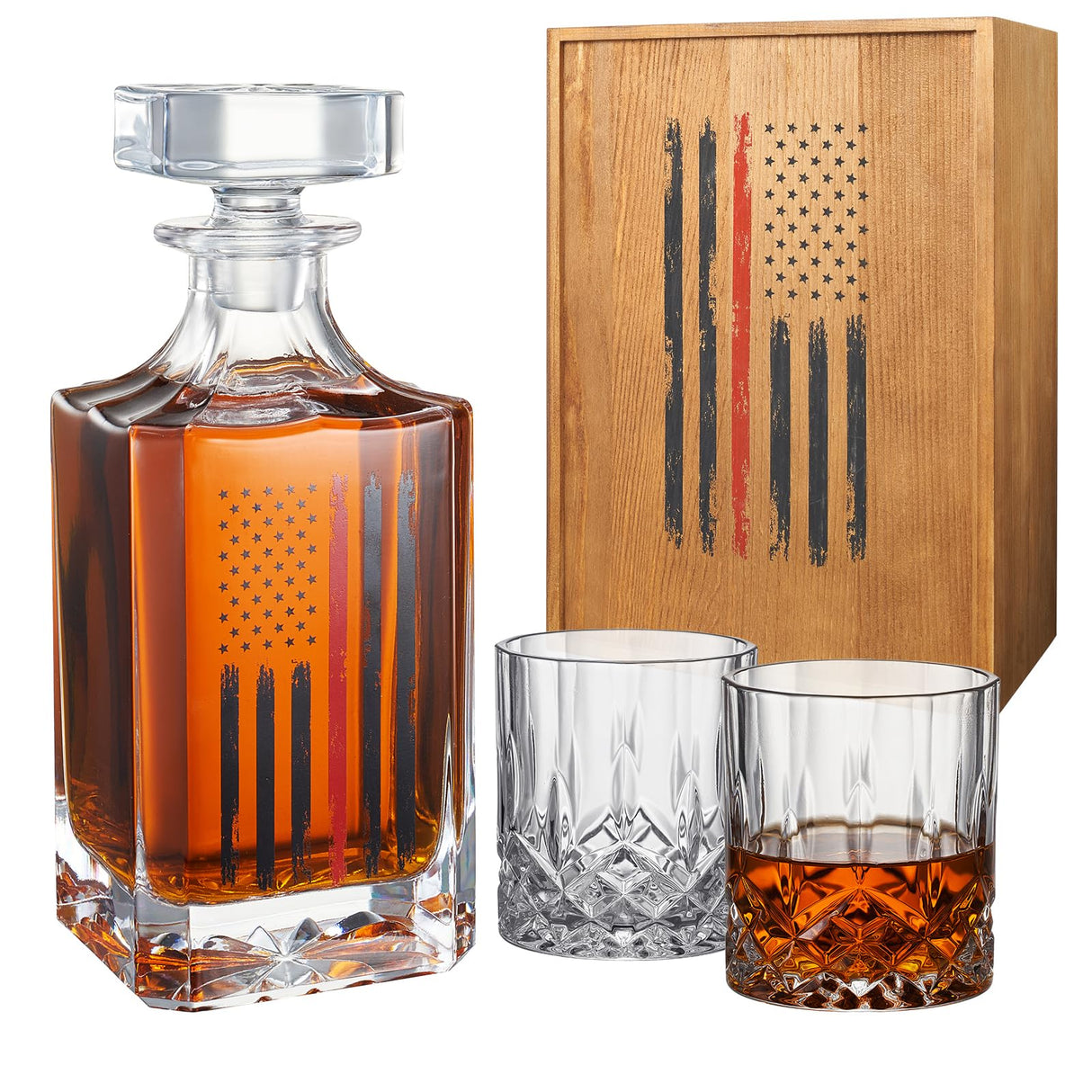 Firefighter Tactical Red Tattered American Flag USA Whiskey Gift Set | 730mL Decanter & 2 Whiskey Glass + Wood Gift Box | Fire Fighter, Gifts, Wine Decanter Airtight, Fire Department FD, Men, Dad, Him The Wine Savant