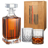 Firefighter Tactical Red Tattered American Flag USA Whiskey Gift Set | 730mL Decanter & 2 Whiskey Glass + Wood Gift Box | Fire Fighter, Gifts, Wine Decanter Airtight, Fire Department FD, Men, Dad, Him The Wine Savant