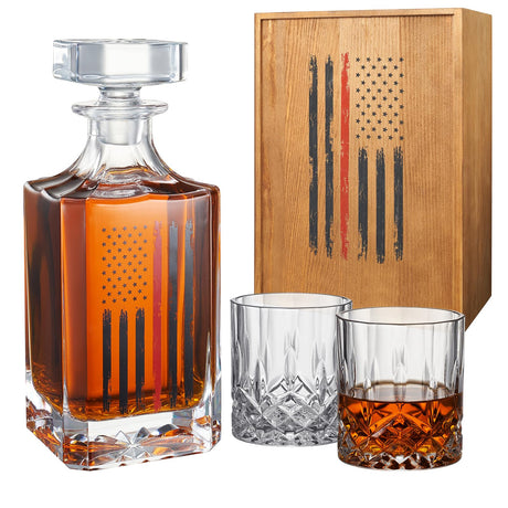 Firefighter Tactical Red Tattered American Flag USA Whiskey Gift Set | 730mL Decanter & 2 Whiskey Glass + Wood Gift Box | Fire Fighter, Gifts, Wine Decanter Airtight, Fire Department FD, Men, Dad, Him The Wine Savant