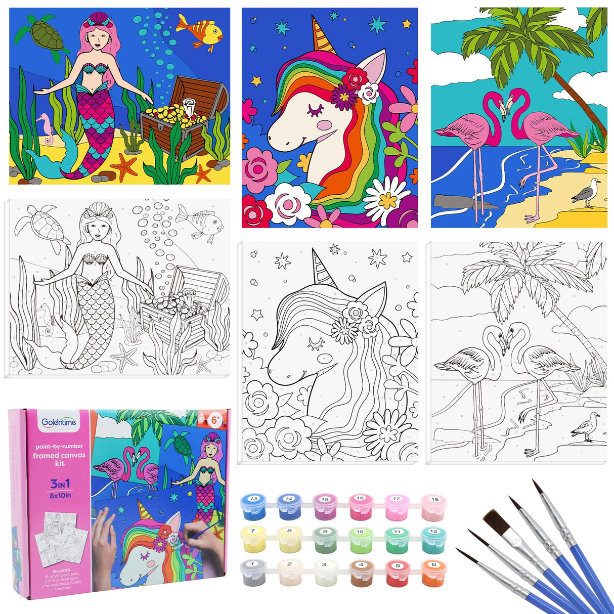 goldentime 3 Framed Canvas Paint by Numbers for Kids Ages 6 8 10 12 –Easy Paint by Numbers Kit for Kids and Adults –Unicorn Painting Kit for Girls, Mermaid Crafts for Girls Ages 6-8-12… goldentime