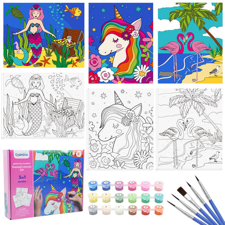 goldentime 3 Framed Canvas Paint by Numbers for Kids Ages 6 8 10 12 –Easy Paint by Numbers Kit for Kids and Adults –Unicorn Painting Kit for Girls, Mermaid Crafts for Girls Ages 6-8-12… goldentime