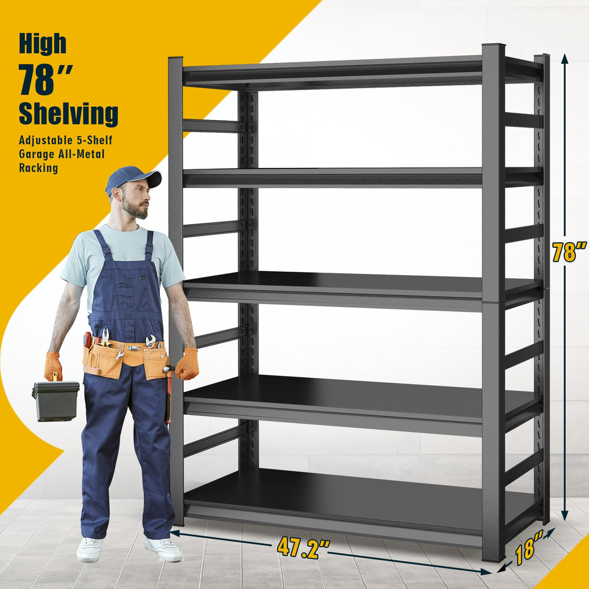 78"H Garage Shelving Heavy Duty Shelving Units, 3500LBS Large Capacity Adjustable 5 Tier Metal Garage Storage Shelves Industrial Shelf Rack for Warehouse and Basement, 18"Dx 47.2"Wx78"H, Black ErgoNova