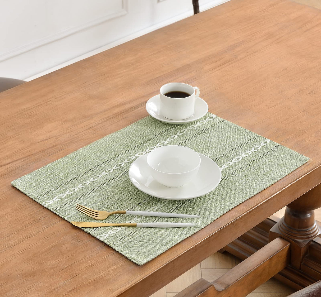 Wracra Cotton Linen Placemats, 12 x 18 Inch Set of 4 Fete Placemats Rustic Hemstitch Place Mats for Kitchen Table and Heat Resistant-Sage Green Wracra