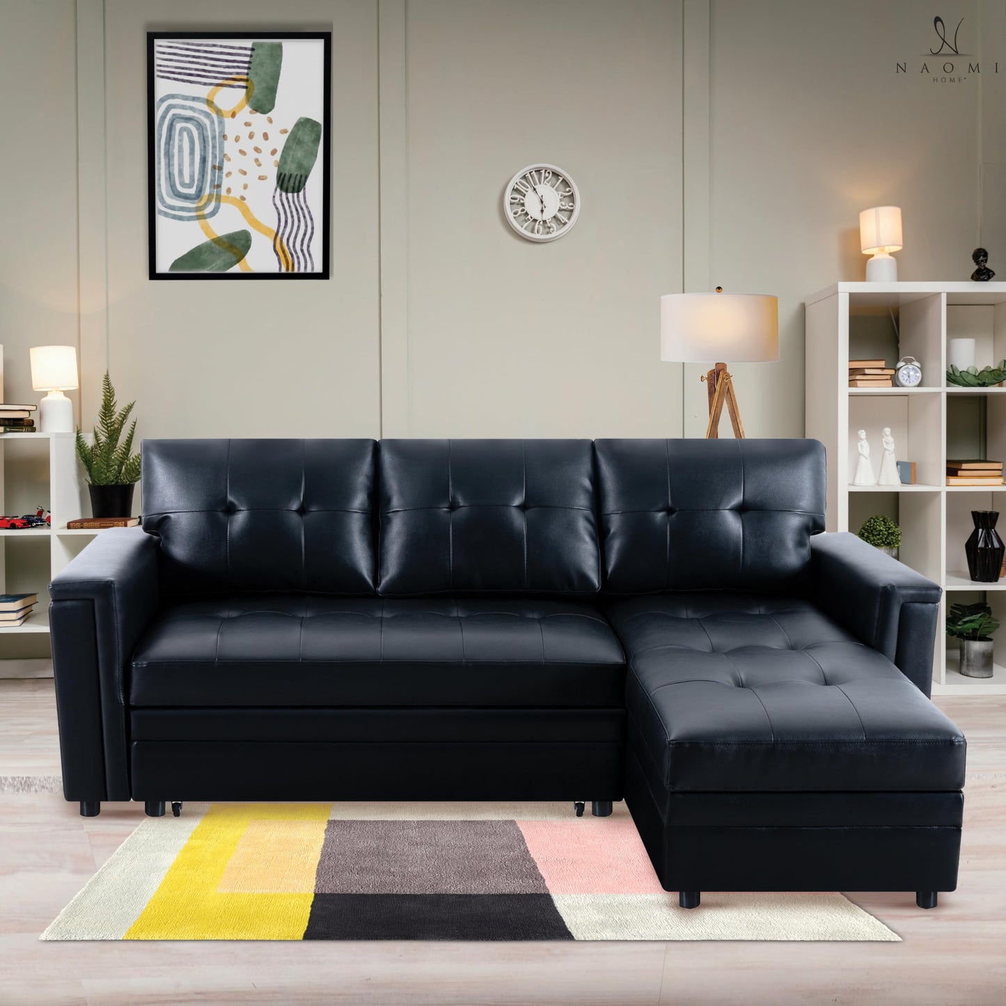 Naomi Home Lily Sectional Sleeper Sofa with USB Ports-L-Shaped Couch Convertible Pull-Out Bed, Ample Storage,Timeless Design,Sturdy Construction,Long-Lasting for Modern Living,Black, Air Leather