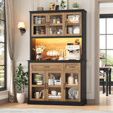 FINETONES 71" Pantry Cabinet with LED Light and Charging Station, Kitchen Pantry Cabinet with Glass Doors and Microwave Stand, Kitchen Cabinets Hutch Cupboard with Doors and Shelves, Black/Brown FINETONES