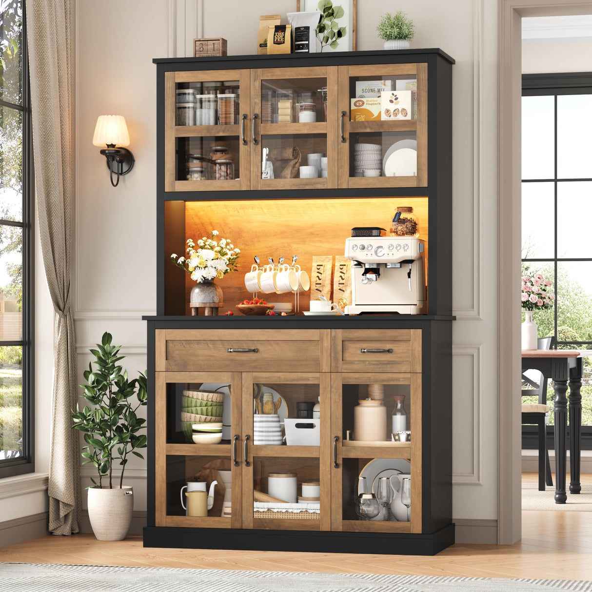FINETONES 71" Pantry Cabinet with LED Light and Charging Station, Storage Cabinet with Microwave Stand, Kitchen Pantry Hutch Cupboard with Doors and Shelves, Black/Brown FINETONES