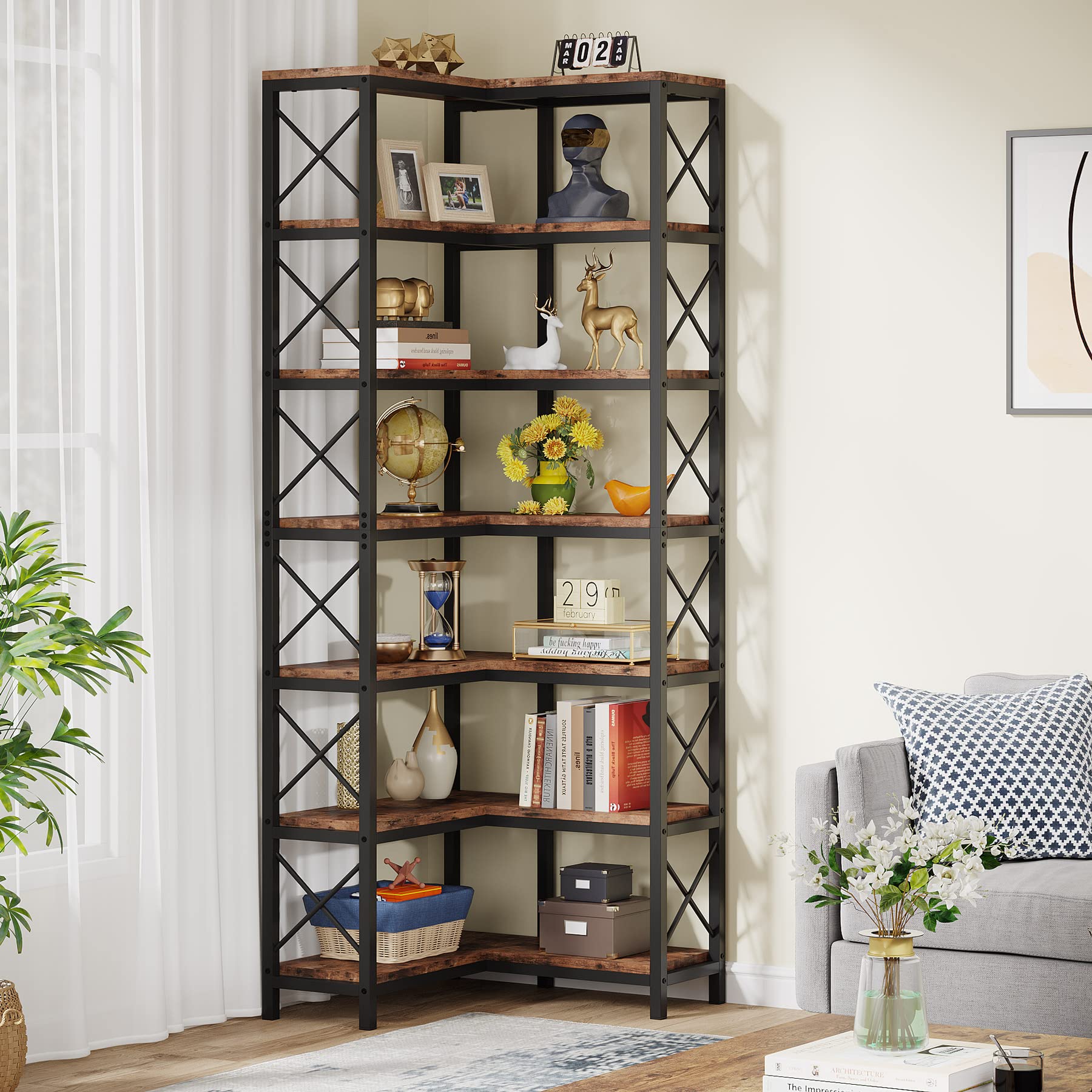 Tribesigns 7-Shelf Rustic Brown Corner Bookshelf with Metal Frame for Modern Living Spaces - WoodArtSupply