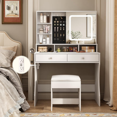 Makeup Vanity Desk with Lights, Vanity Mirror with Lights Desk and Chair, White Vanity with Lighted Mirror & Sliding Mirror & Power Outlet, Dressing Table with Mirror, 3 Color Modes, Bedroom Halitaa