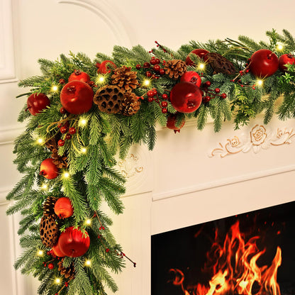 Christmas Garland - 5.9ft Christmas Garland for Mantle, Norfolk Pine Garland Cedar Garland with Christmas Fruits Lotus Pod Garlands for Home Party Fireplace Decor