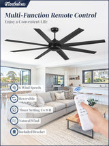 72 Inch Ceiling Fan no Light, Black Ceiling Fan with Remote, 6-Speeds, Quiet Reversible DC Motor, Industrial Ceiling Fans without Lights for Living Room, Garage, Patio, Indoor/Outdoor Use Fanbulous