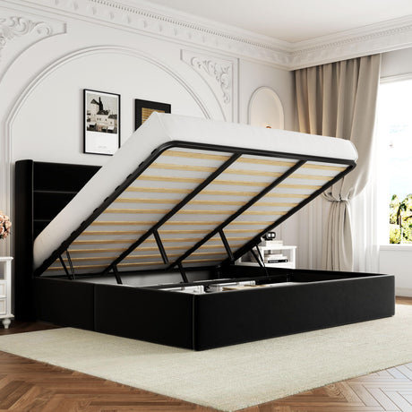 Allewie King Size Velvet Lift Up Storage Bed, Modern Wingback Headboard, Hydraulic Support, No Box Spring Needed, Black Allewie