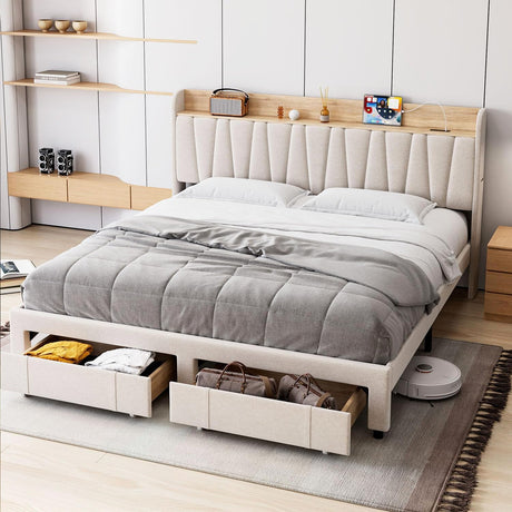 GarveeHome King Size Bed Frame with Storage Headboard, Upholstered Platform Beds with Drawers, Charging Station, Noise-Free, No Box Spring Needed, Easy Assembly, Beige GarveeHome