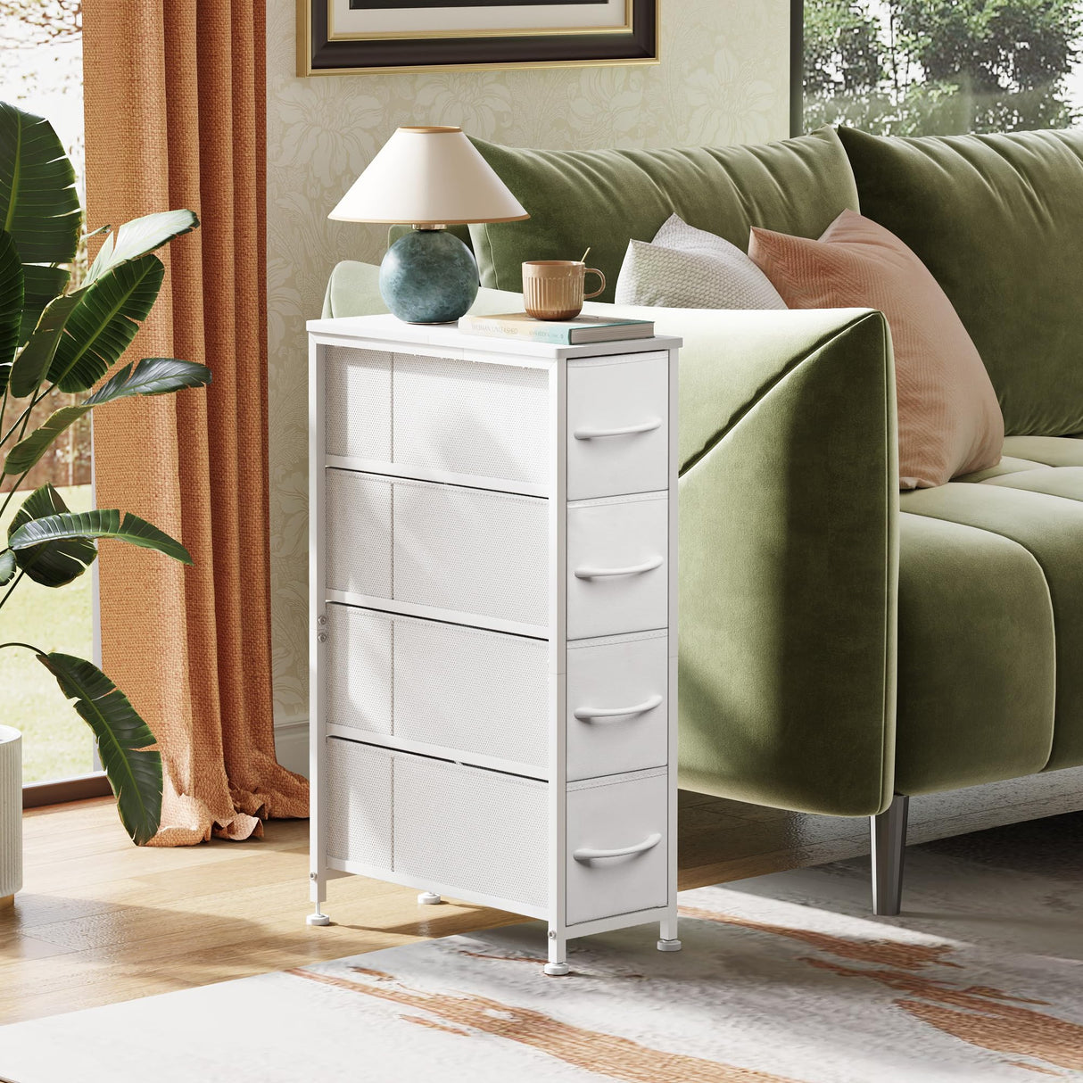 EKNKOZY Narrow Dresser Storage Tower with 4 Drawers, Slim Dresser Chest of Drawers with Steel Frame, Wood Top, Dresser for Bedroom, Bathroom, Small Spaces, Laundry, Closet (White) EKNKOZY