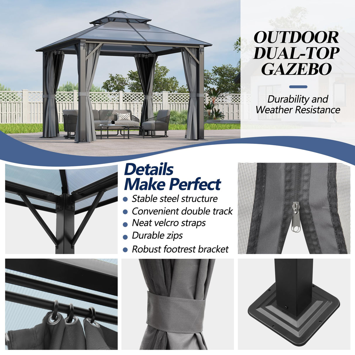 GARTOO 10x10FT Polycarbonate Hardtop Gazebo with Double Roof - Heavy-Duty Steel Frame Gazebo with Breathable Netting & Privacy Curtain for Patio, Porch, Garden, Lawn, Deck, Backyard GARTOO