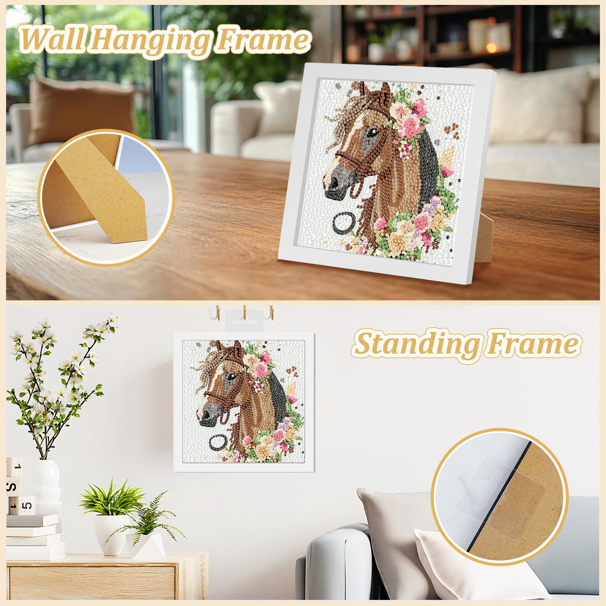 SENQAO Horse Diamond Art Kit for Adults with Frame Art and Crafts for Adults Ages 4-6-8-12 Easy to DIY Diamond Art for Adults and Adult Beginners Home Wall Decoration 7.1x7.1inch SENQAO
