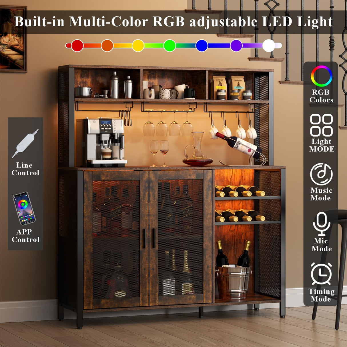 Loomie Wine Bar Cabinet with LED Light, Industrial Coffee Bar with Wine Rack & Glass Holder & 3 Compartments, Kitchen Buffet Sideboard with Storage, Liquor Cabinet, Rustic Brown Loomie