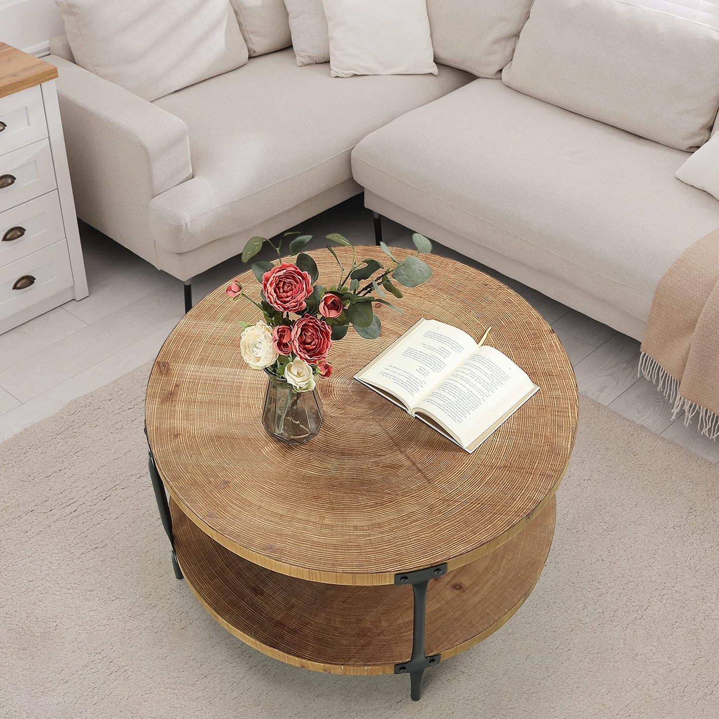 Awescuti Round Boho Wood Coffee Table - 31.5" Farmhouse Natural Circle Wooden 2-Tier Coffee Tables Living Room Furniture, Natural Wood Color, 31.5" D x 18.3" H