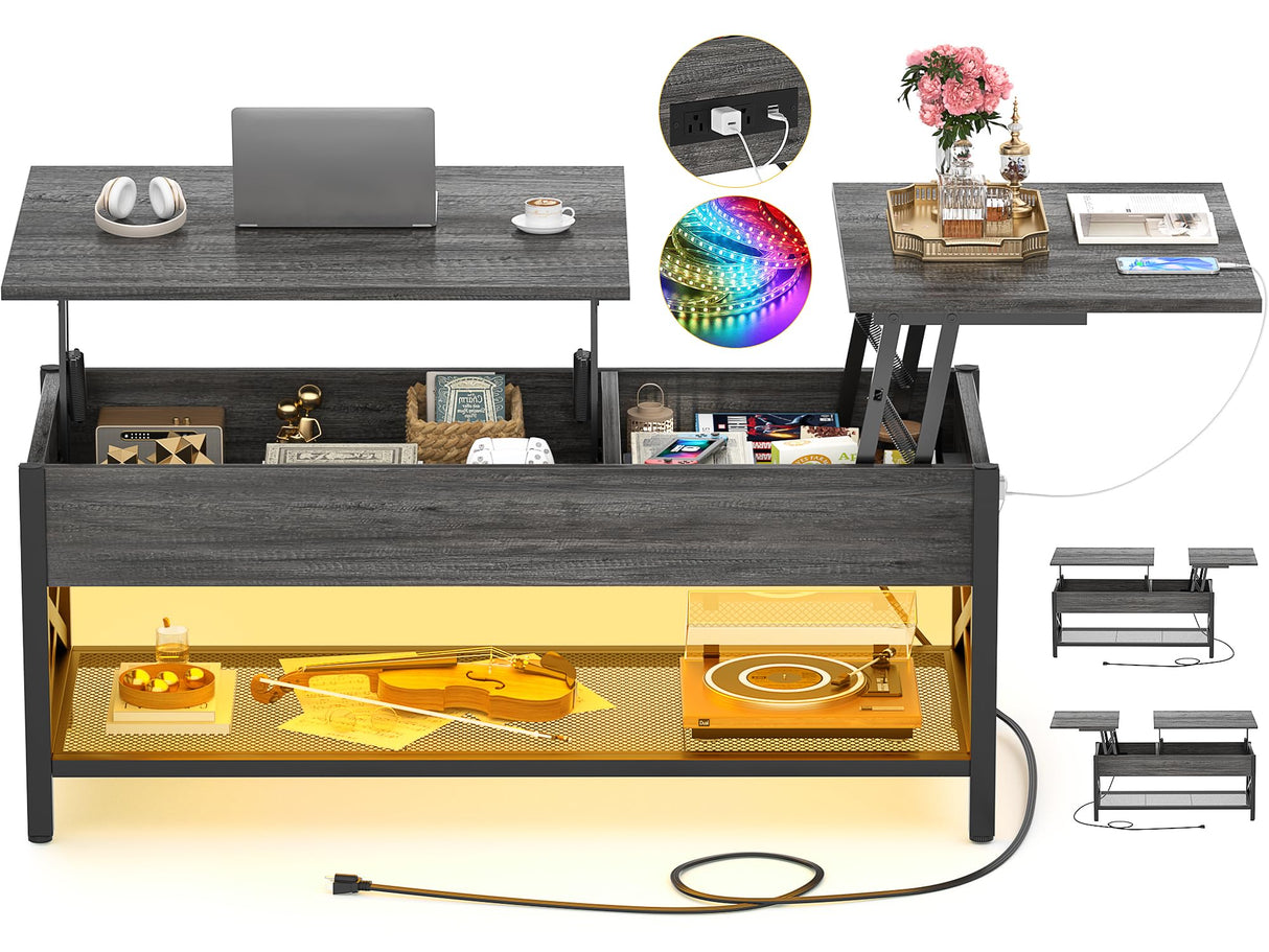 Besiost Coffee Table, Lift Top Coffee Table with Storage, LED Light & Power Outlet and Hidden Compartment, Retro Center Table for Living Room, X Support Wood Tabletop, Metal Frame, Black Oak Besiost