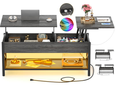 Besiost Coffee Table, Lift Top Coffee Table with Storage, LED Light & Power Outlet and Hidden Compartment, Retro Center Table for Living Room, X Support Wood Tabletop, Metal Frame, Black Oak