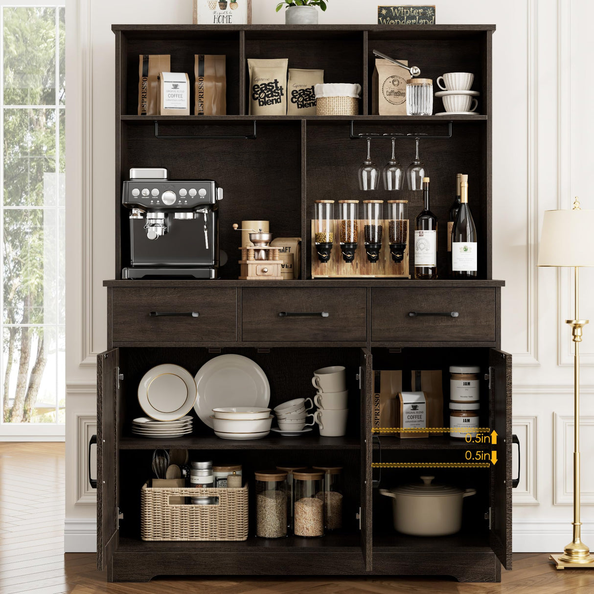 HOSTACK Buffet Cabinet with Hutch, Modern Farmhouse Kitchen Buffet Sideboard Storage Cabinet with 3 Drawers, Barn Door Coffee Bar Station, Liquor Cabinet for Dining Room, Living Room, Dark Brown HOSTACK