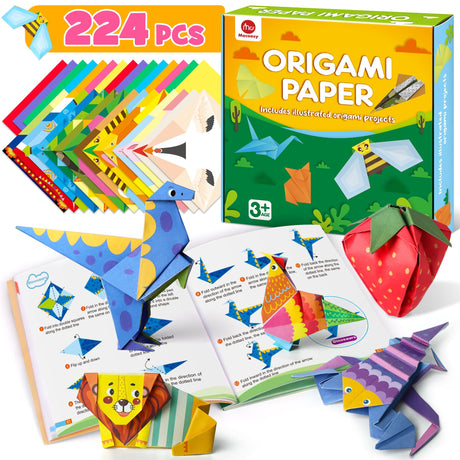 Mocoosy 224 Sheets Origami Paper Kit for Kids Ages 8-12, Square Color Folding Paper Set with 72 Pattern & Origami Book, Art Craft Supplies 5-8 9-12 Travel Game Activity for Airplane Car Road Trip Toys Mocoosy