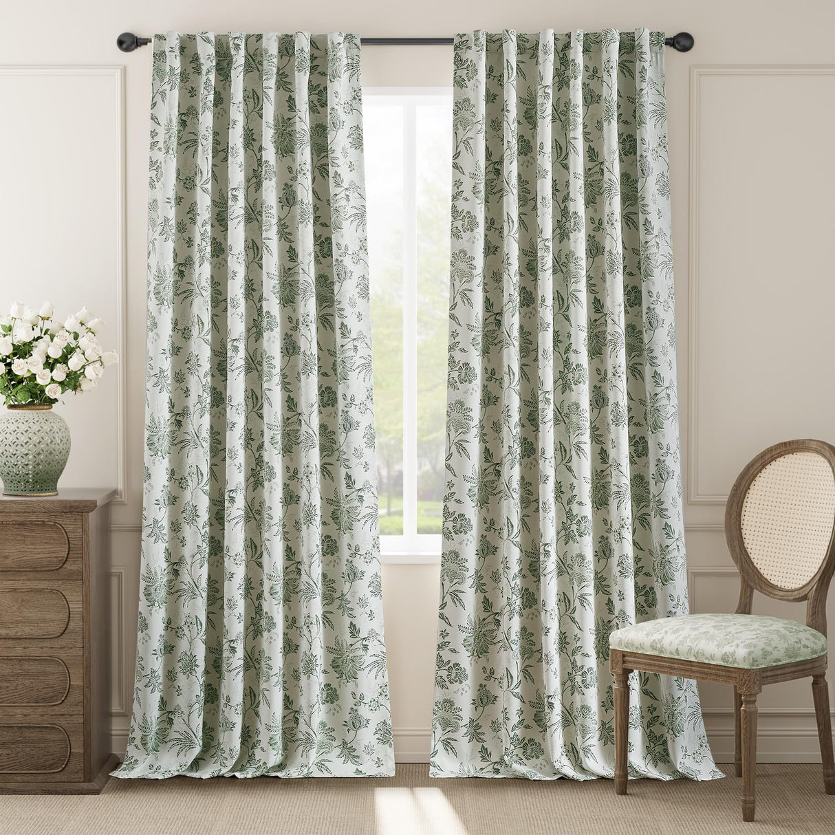 jinchan 100% Blackout Floral Curtains for Bedroom, 108 Inches Long Printed Flower Black Out Curtains, Extra Long Back Tab Sage Green Window Treatment Farmhouse Drapes Set 2 Panels Green jinchan