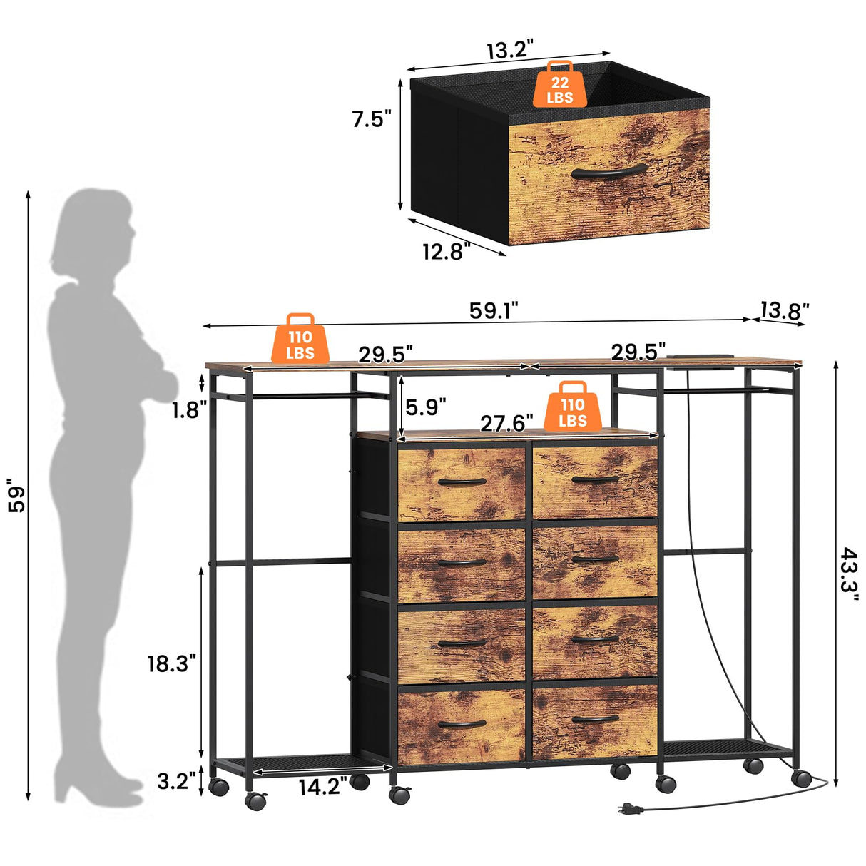 Frmobepts 59.1" W Dresser for Bedroom with Hanging Rack, 8 Drawer Dresser with LED Lights & Charging Station, Fabric Dressers with Portable Wheels,Metal Frame, Wooden Top (Rustic Brown) Frmobepts