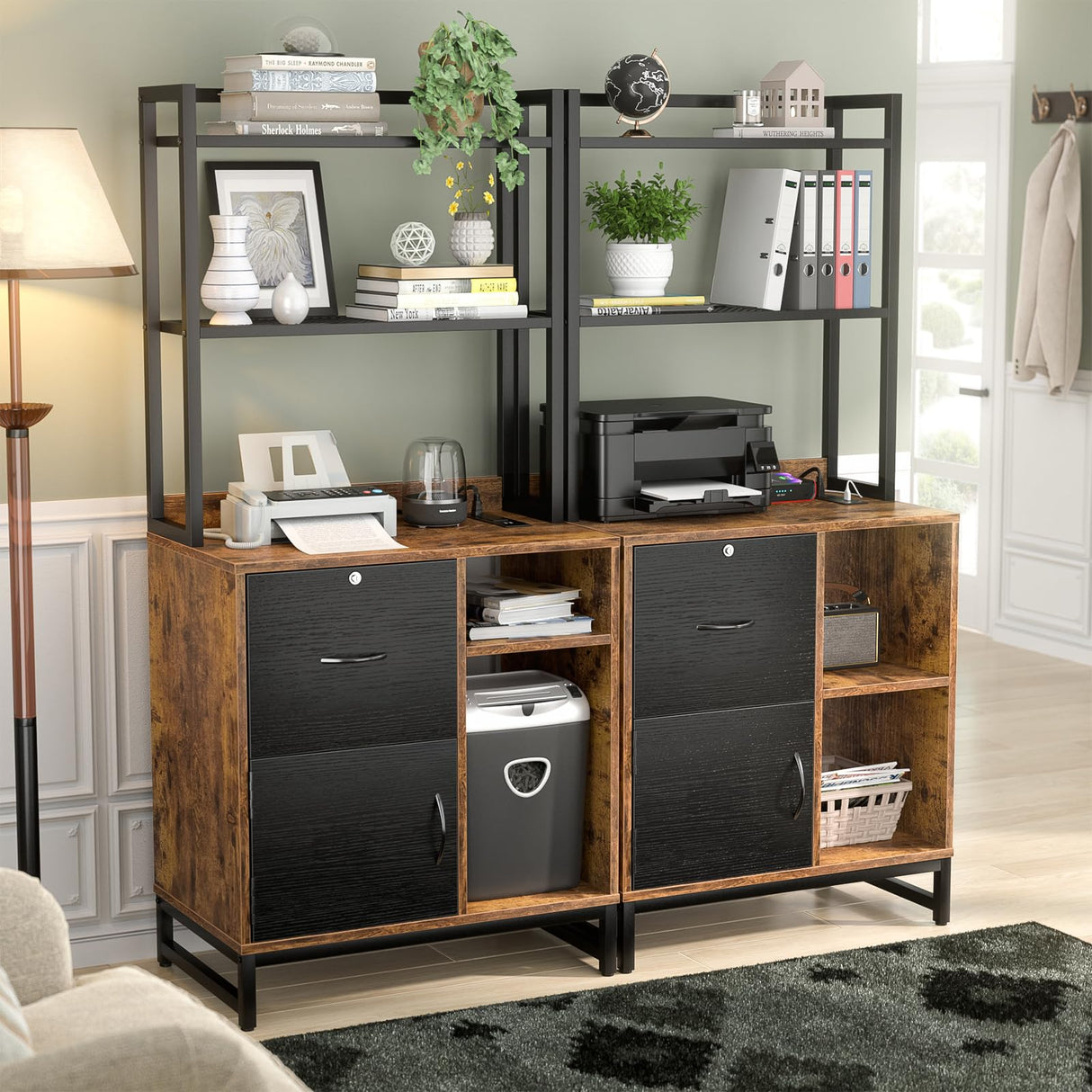 Homieasy Vertical Filing Cabinet with Bookshelf for Home Office, File Cabinet with Shelves, Lock & Charging Station, Drawer Office File Cabinets with Printer Stand, fits Letter Size, Rustic Brown Homieasy
