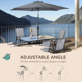 Outsunny 8 Pieces Patio Furniture Set with 9Ft Patio Umbrella, Outdoor Dining Table and Chairs, 6 Chairs, Push Button Tilt and Crank Parasol, Tempered Glass Top, Gray Outsunny