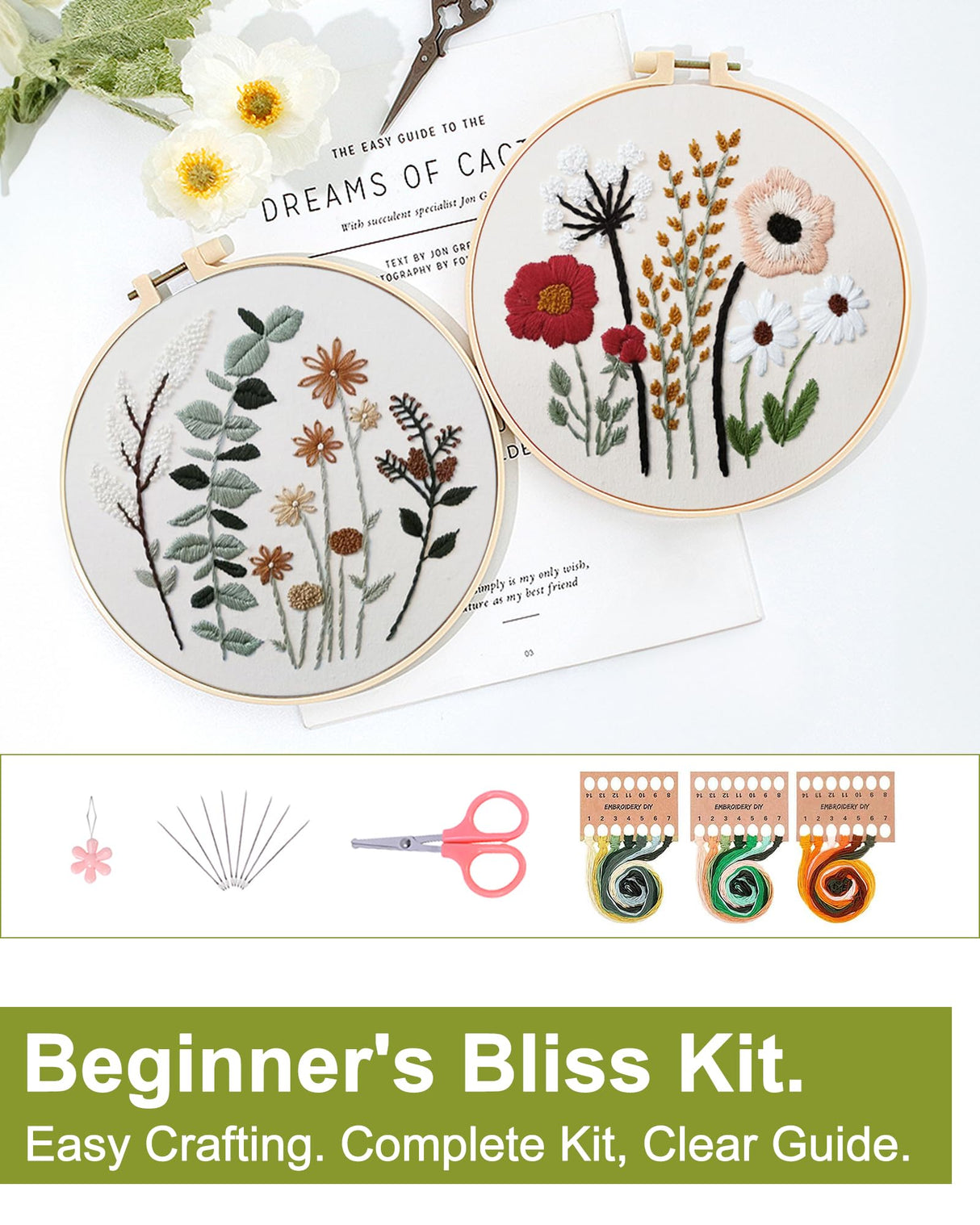 Santune 3 Sets Embroidery Kit,Cross Stitch Kits for Beginners,Needlepoint Kits for Adults with Easy Floral Pattern Hand Crafts,Hoop,Needle,Mothers Day Gifts Santune