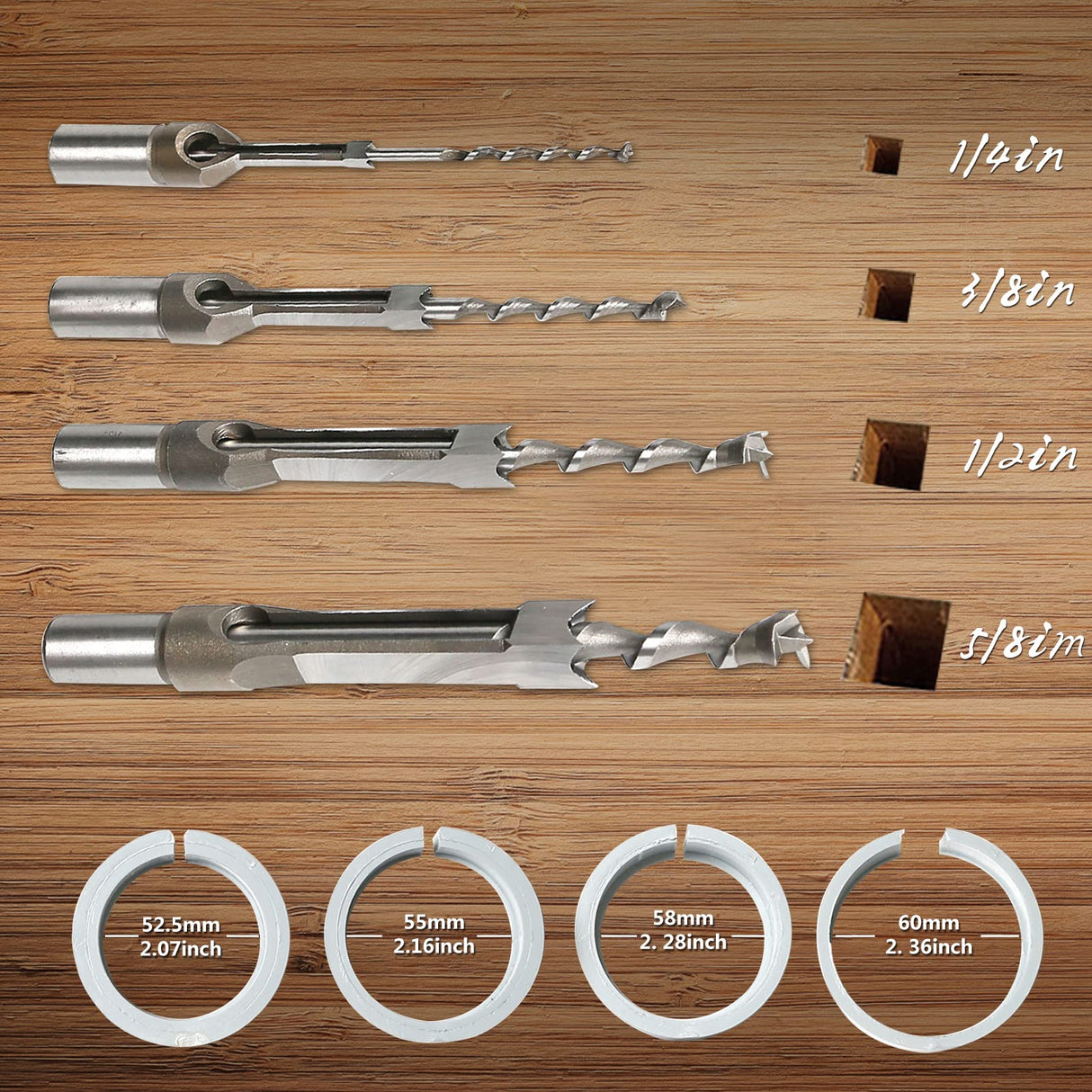 LNROE-K Mortising Attachment for Drill Press, 4 Model Drills Square Hole Chisel Set, Mortise and Tenon Tools, Drill Press Mortising Attachment Kit, Woodworking Mortise Bench Drill Locator Set LNROE-K