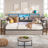 DICTAC Twin XL Corner Bed Frame with Storage Drawers,Charging Station and Led Lights Farmhouse Metal Platform Bed Frame with Sliding Barn Doors,Twin XL Daybed with Storage Headboard,Rustic Gray DICTAC